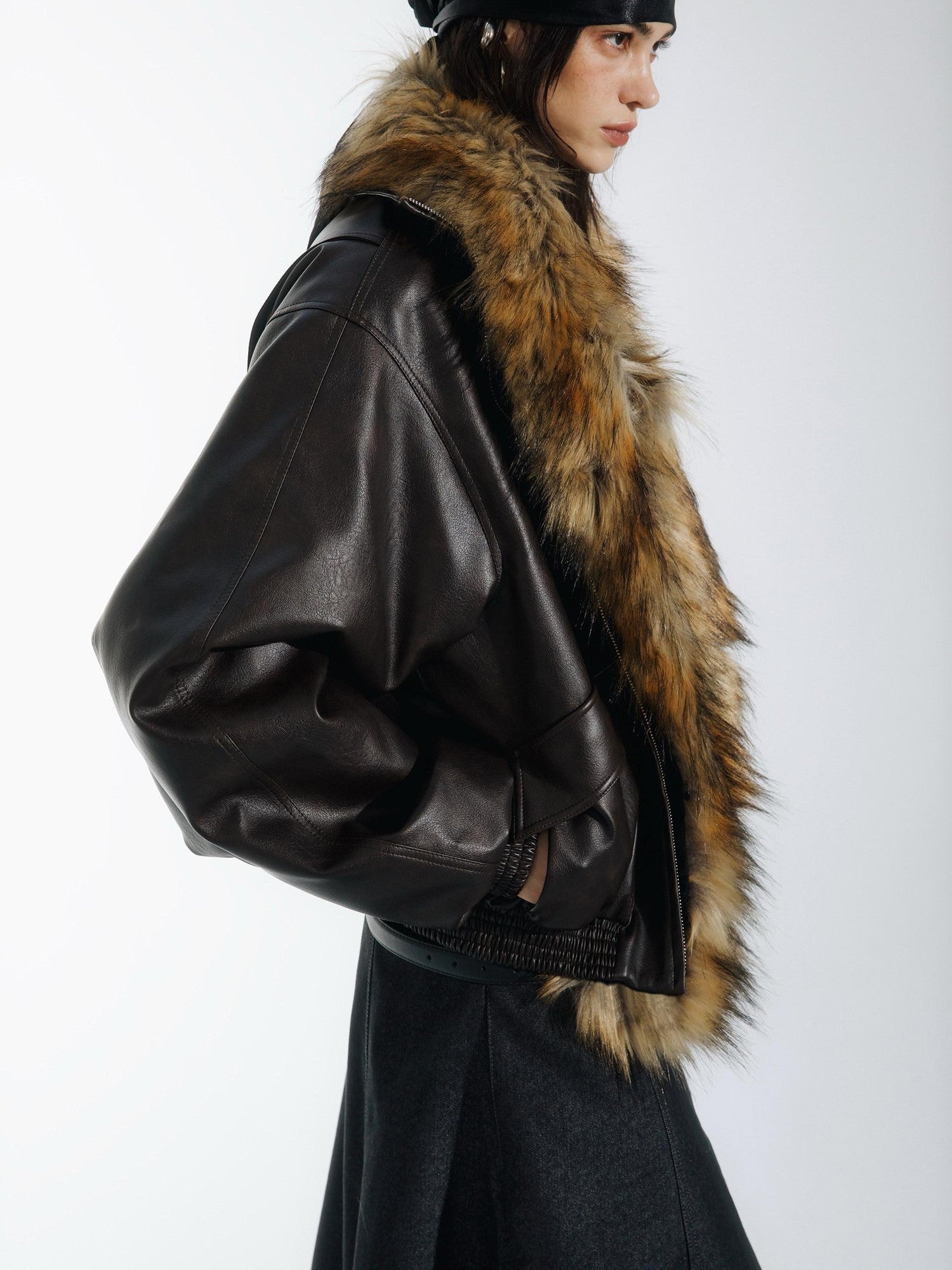 commonce net Solid Detachable Fur Collar Zip Front Women&