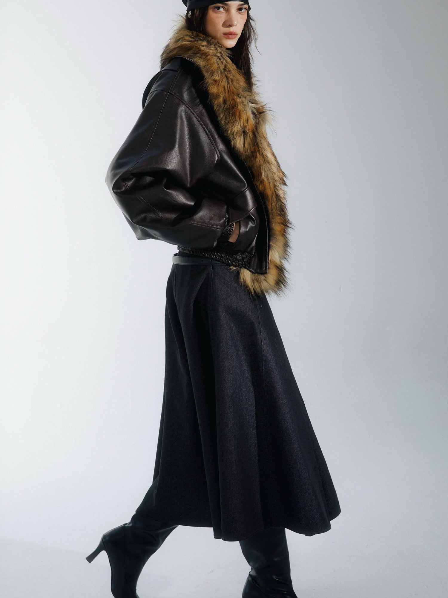 commonce net Solid Detachable Fur Collar Zip Front Women&