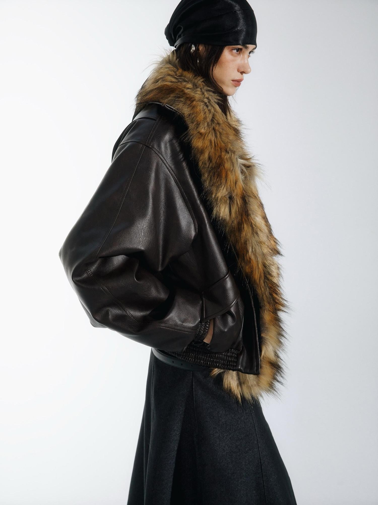 commonce net Solid Detachable Fur Collar Zip Front Women&