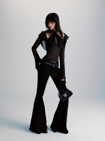 commonce net Spliced Black Backless Halter Top with Detachable Sleeves