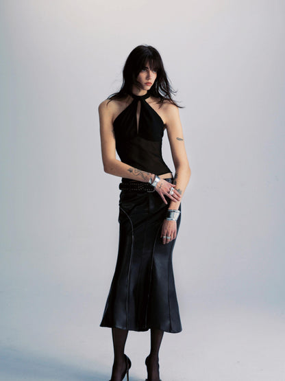 commonce net Spliced Black Backless Halter Top with Detachable Sleeves