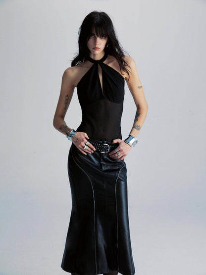 commonce net Spliced Black Backless Halter Top with Detachable Sleeves
