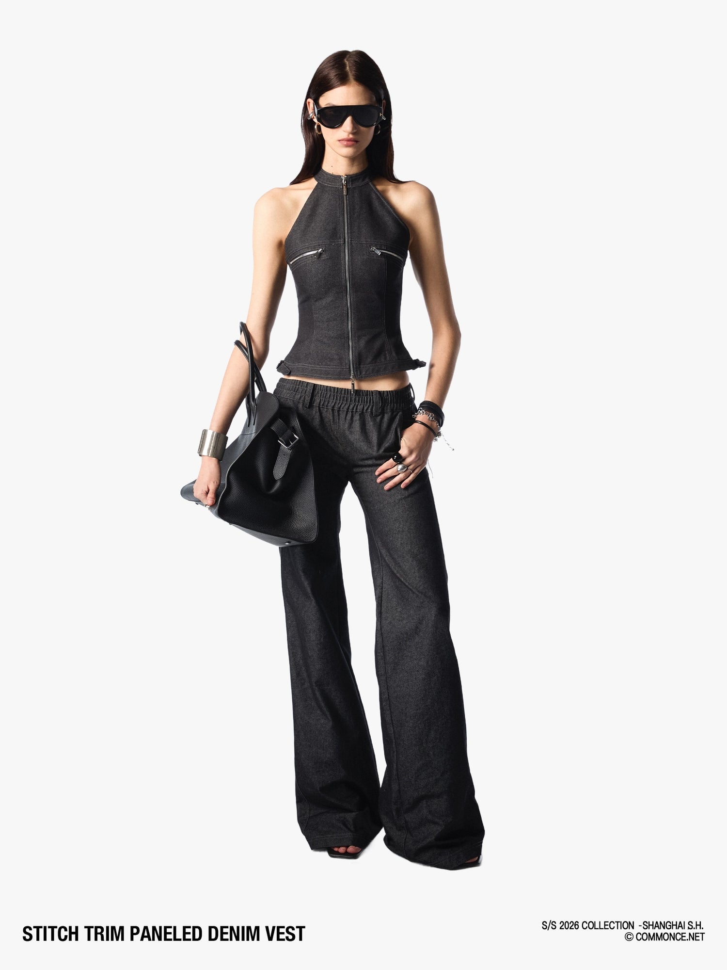 commonce_net_Topstitch_Panel_Splice_Slim_Fit_Zipper_Off_Shoulder_Women&