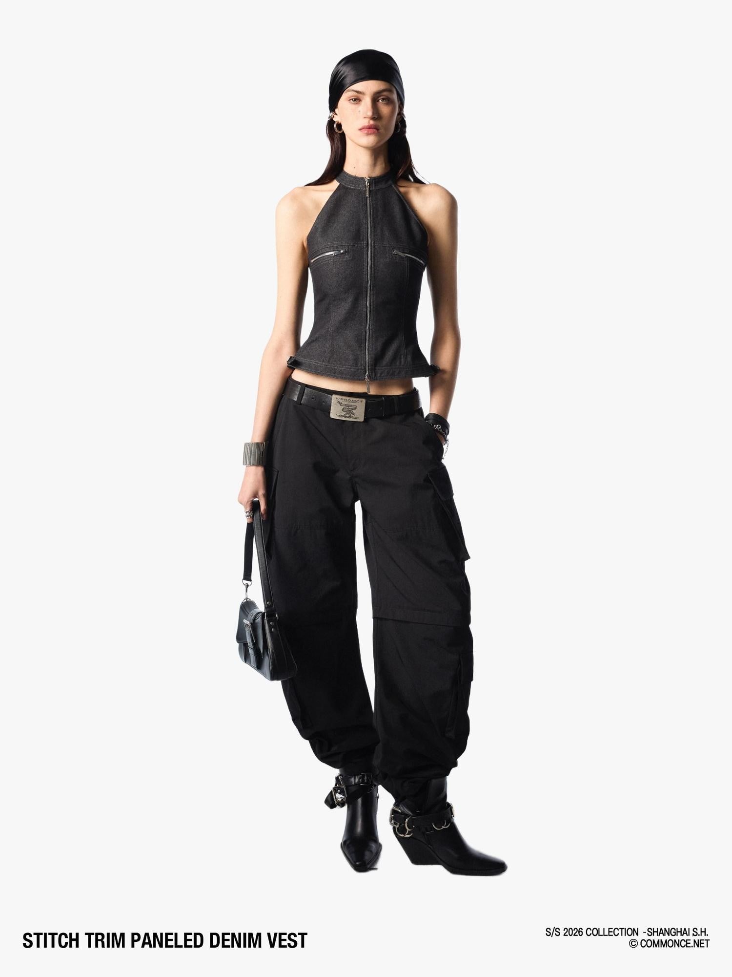 commonce net Topstitch Panel Splice Slim Fit Zipper Off Shoulder Women&