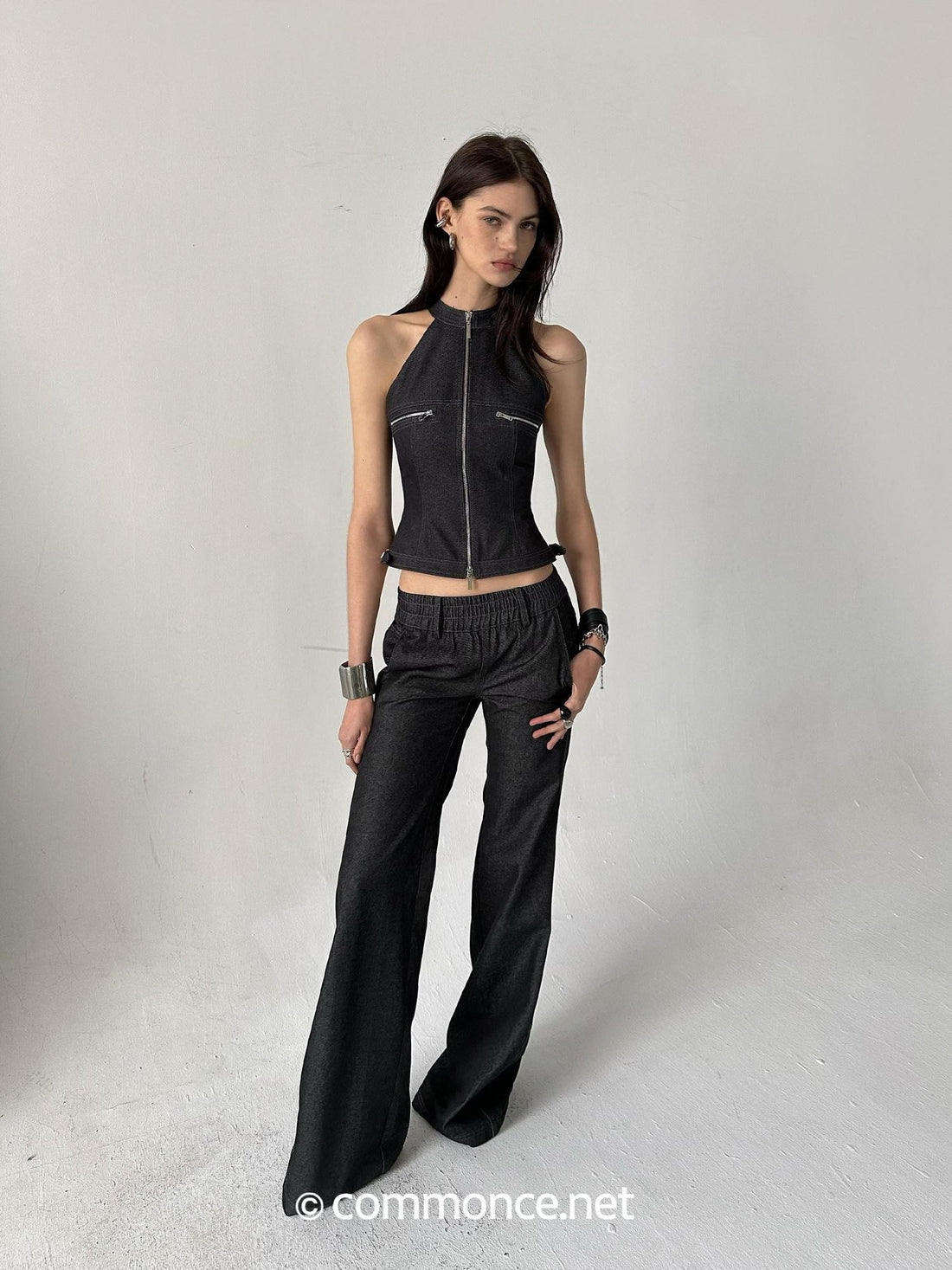 commonce net Topstitch Panel Splice Slim Fit Zipper Off Shoulder Women&