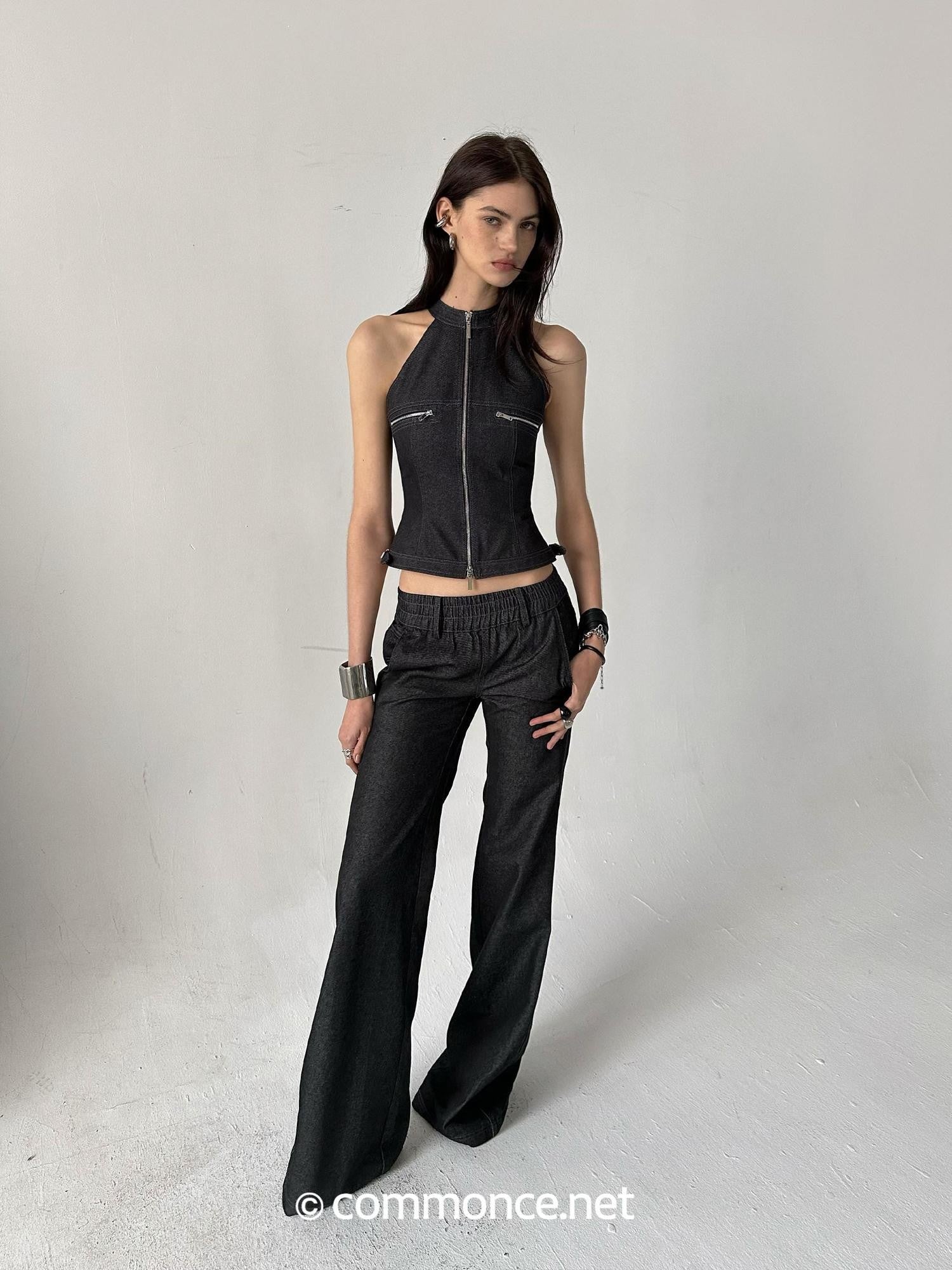 commonce net Topstitch Panel Splice Slim Fit Zipper Off Shoulder Women&