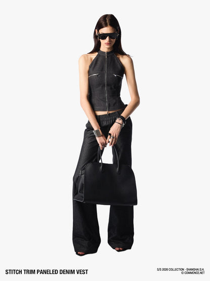 commonce net Topstitch Panel Splice Slim Fit Zipper Off Shoulder Women&