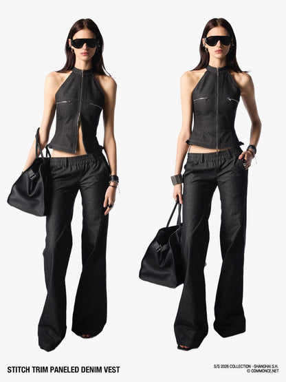 commonce net Topstitch Panel Splice Slim Fit Zipper Off Shoulder Women&