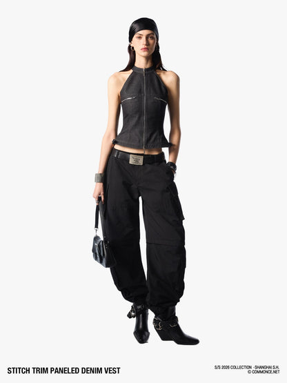 commonce net Topstitch Panel Splice Slim Fit Zipper Off Shoulder Women&