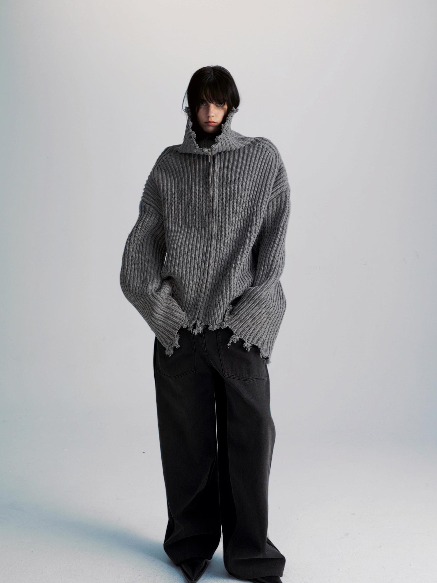 commonce net Two Way Zip Front Oversized Sweater With Raw Edges