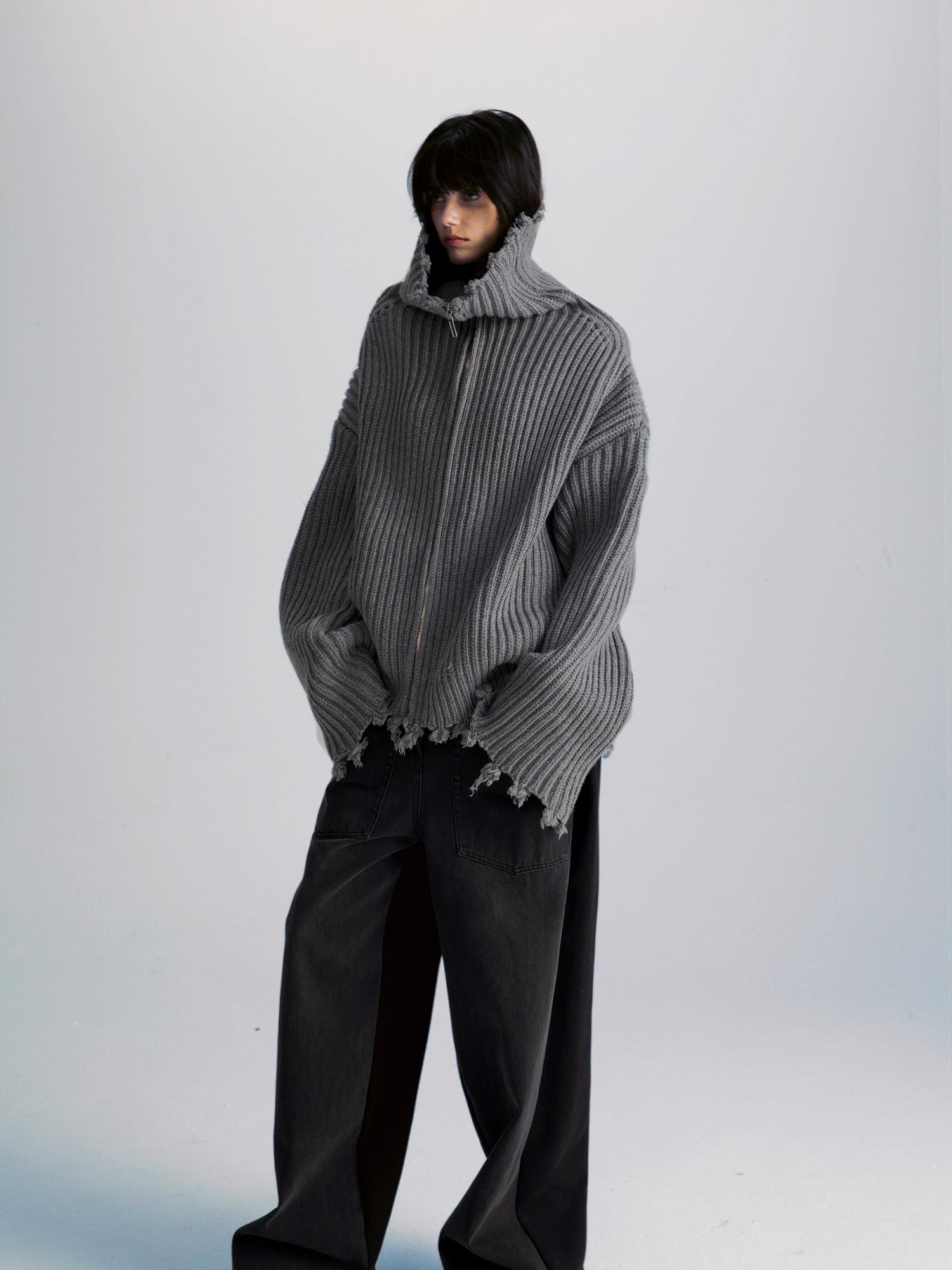 commonce net Two Way Zip Front Oversized Sweater With Raw Edges