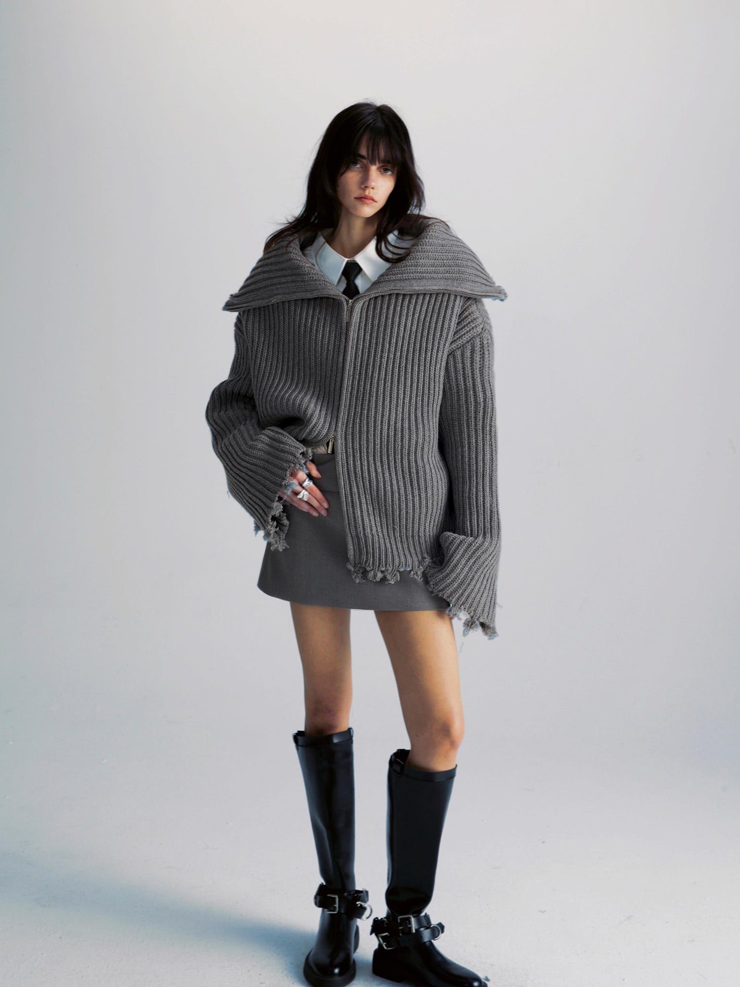 commonce net Two Way Zip Front Oversized Sweater With Raw Edges