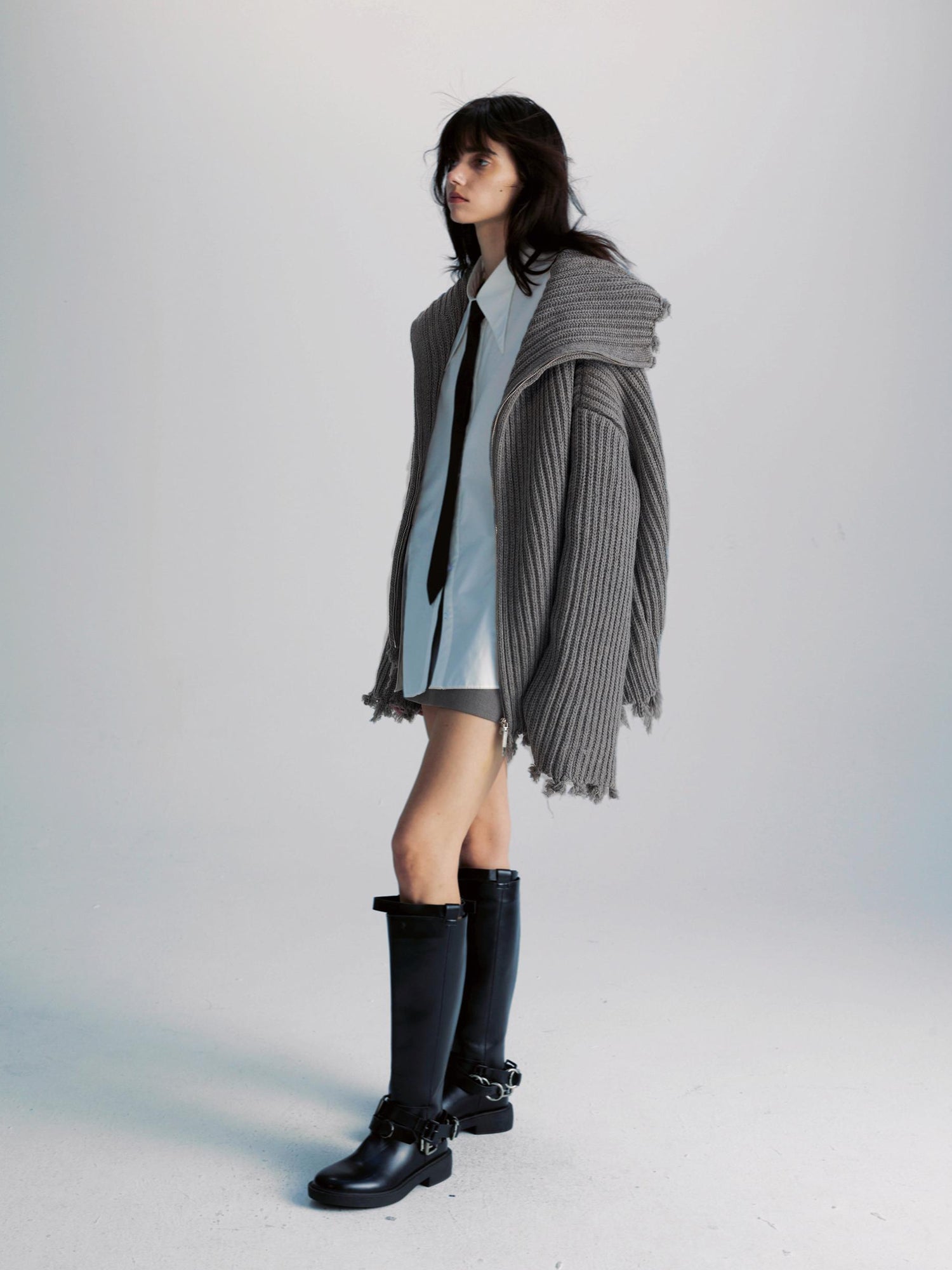 commonce net Two Way Zip Front Oversized Sweater With Raw Edges