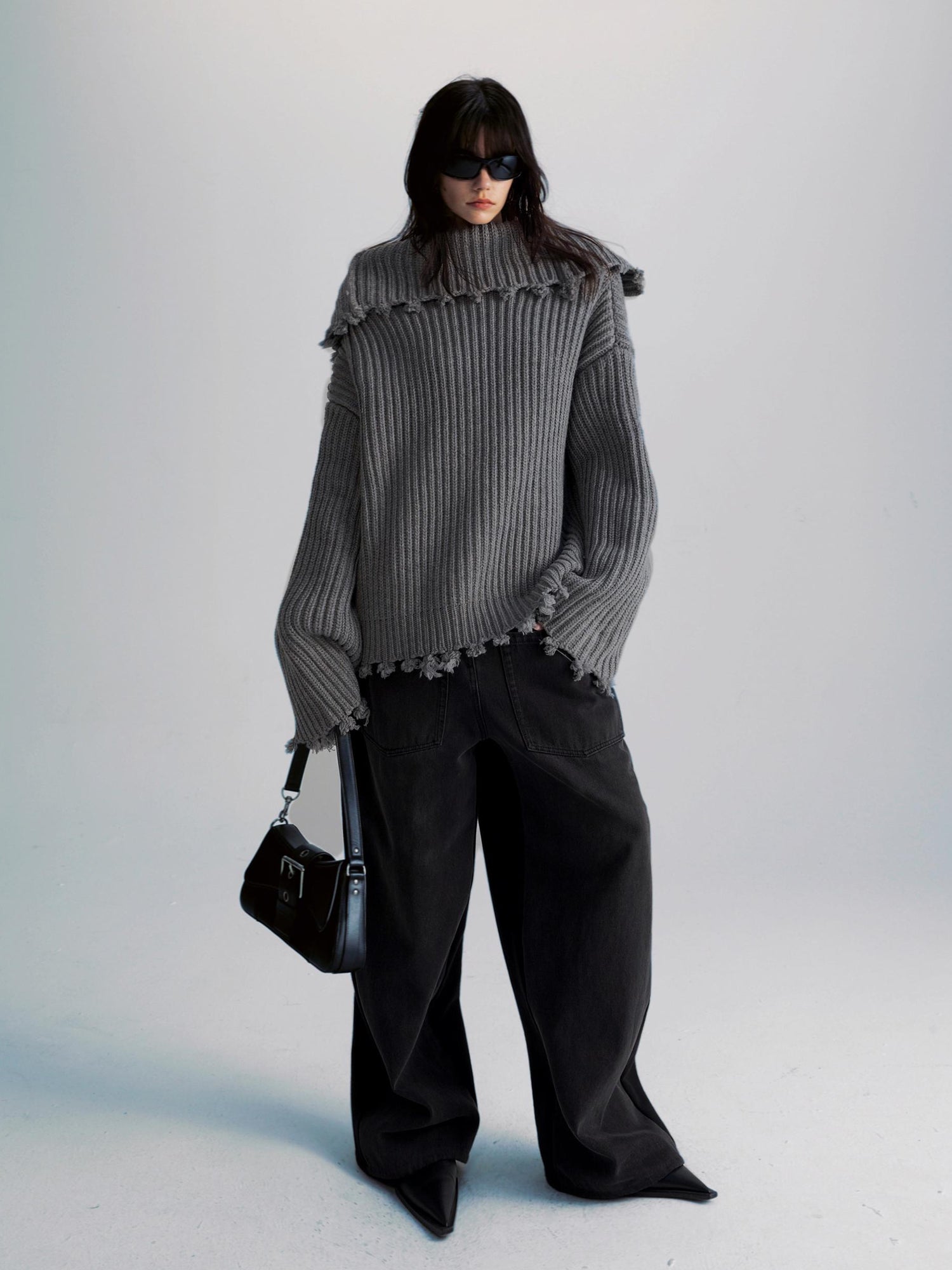 commonce net Two Way Zip Front Oversized Sweater With Raw Edges