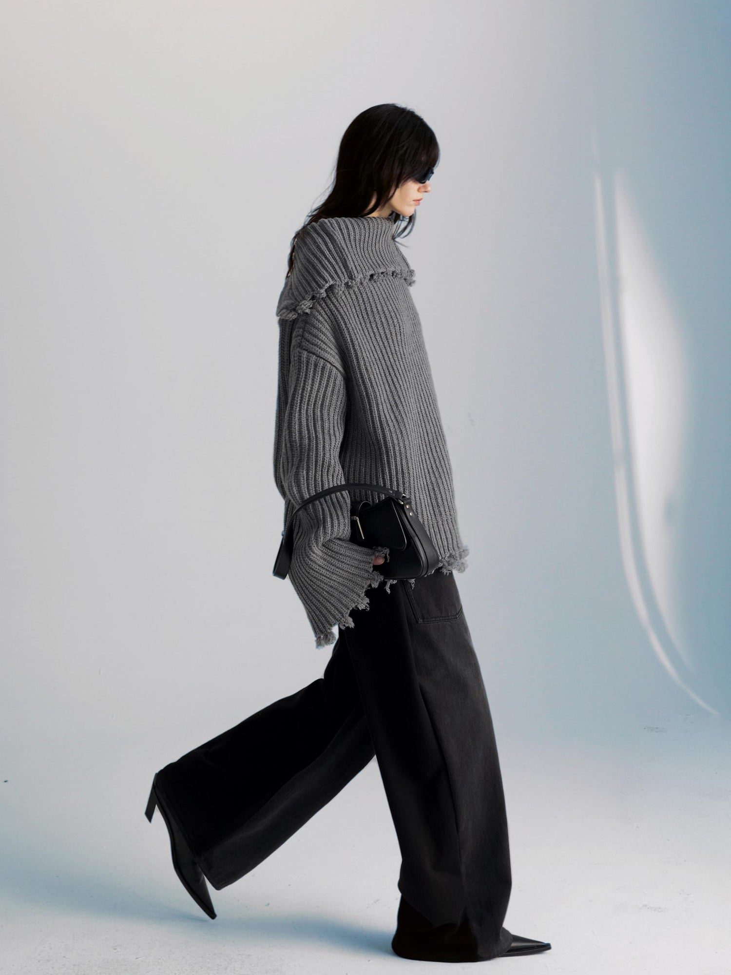 commonce net Two Way Zip Front Oversized Sweater With Raw Edges