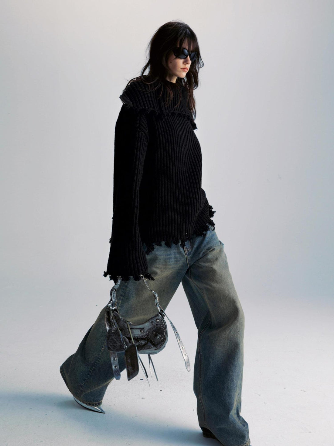 commonce net Two Way Zippered Oversized Sweater With Raw Edges