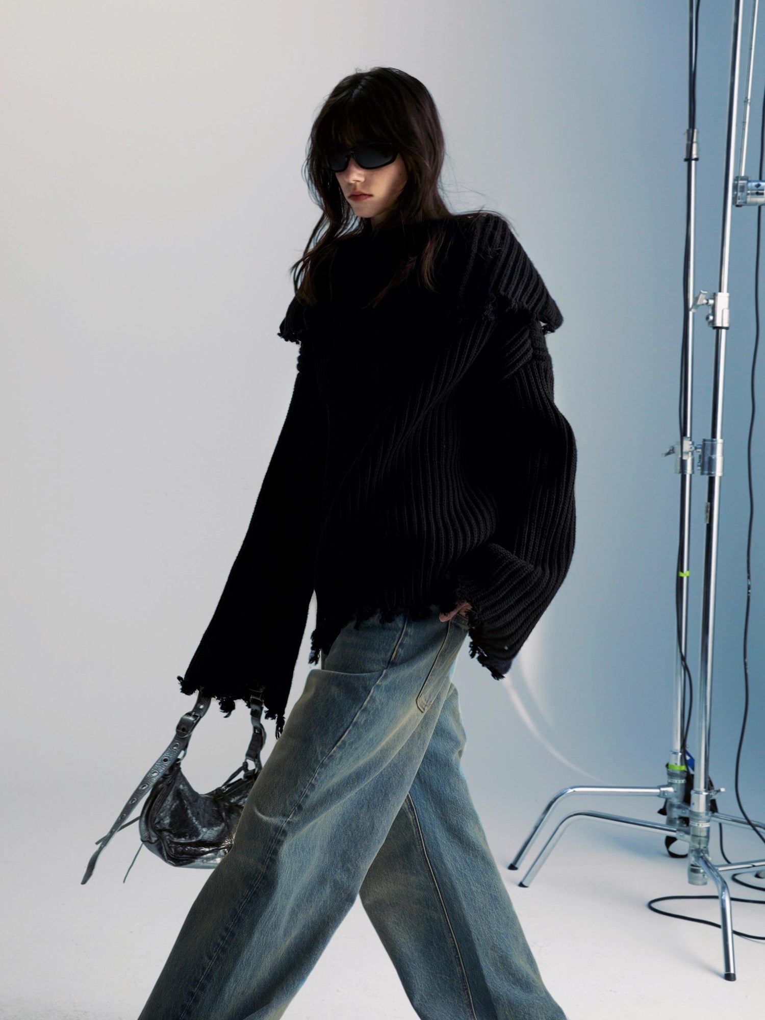 commonce net Two Way Zippered Oversized Sweater With Raw Edges