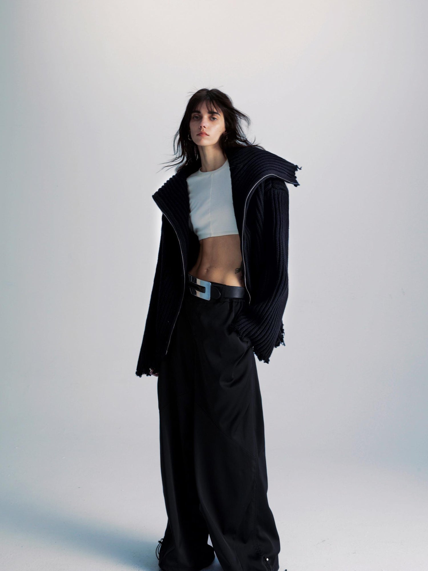 commonce net Two Way Zippered Oversized Sweater With Raw Edges