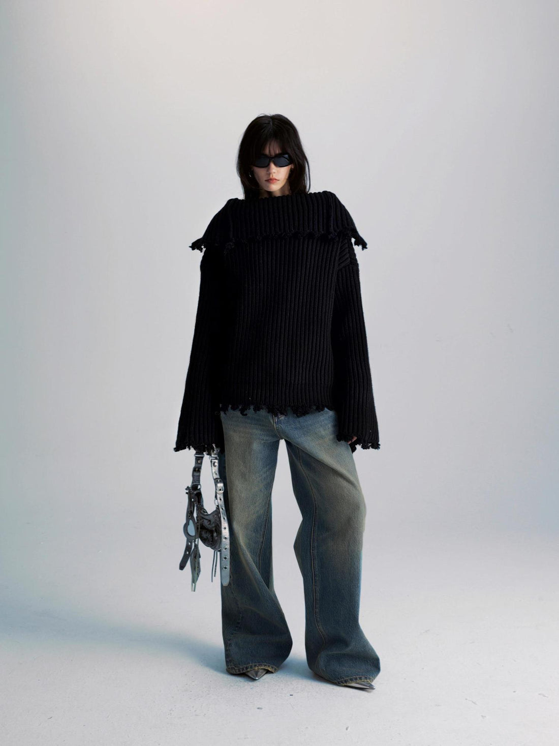 commonce net Two Way Zippered Oversized Sweater With Raw Edges