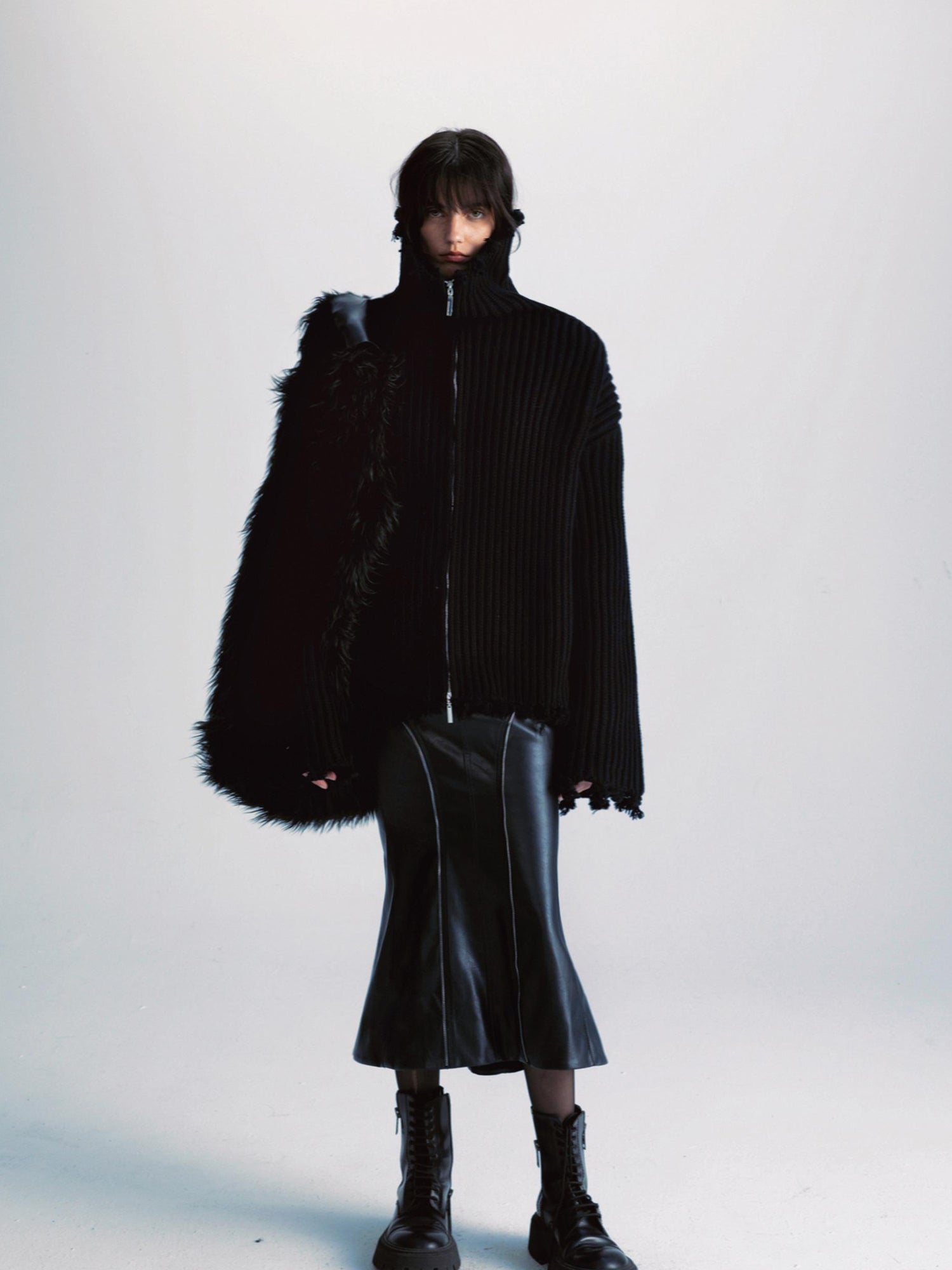commonce net Two Way Zippered Oversized Sweater With Raw Edges