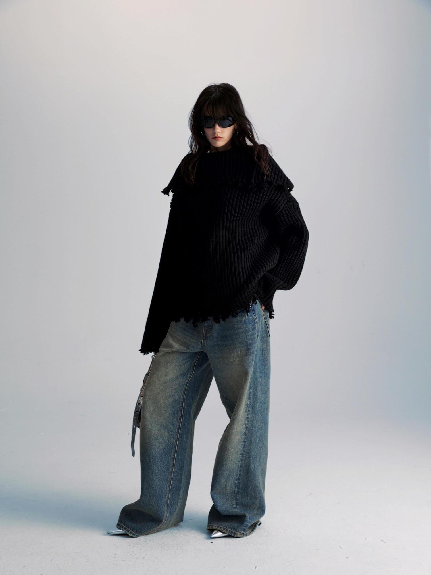commonce net Two Way Zippered Oversized Sweater With Raw Edges