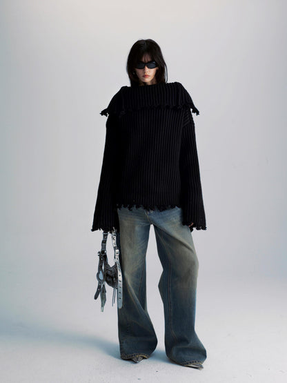 commonce net Two Way Zippered Oversized Sweater With Raw Edges