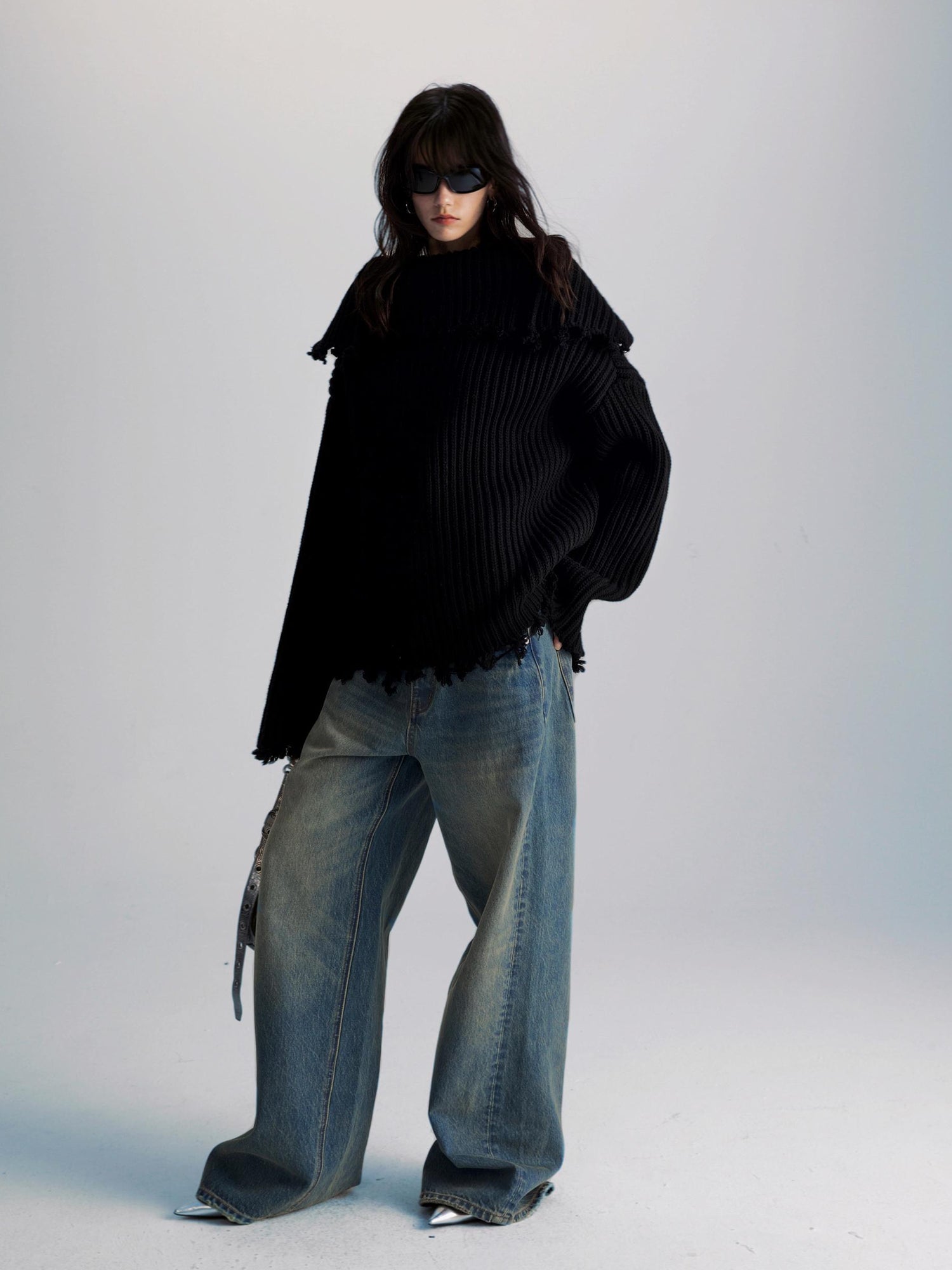 commonce net Two Way Zippered Oversized Sweater With Raw Edges