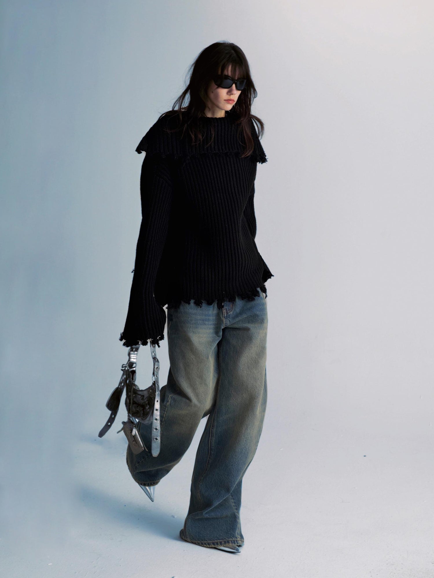 commonce net Two Way Zippered Oversized Sweater With Raw Edges