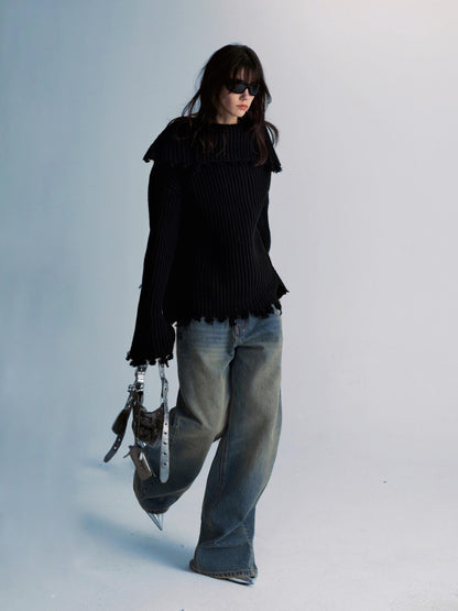 commonce net Two Way Zippered Oversized Sweater With Raw Edges