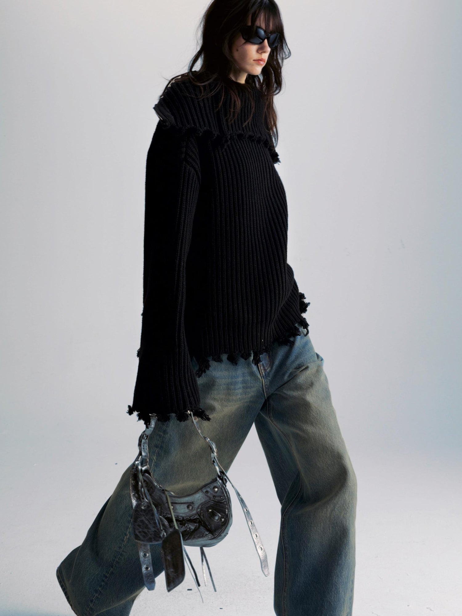 commonce net Two Way Zippered Oversized Sweater With Raw Edges