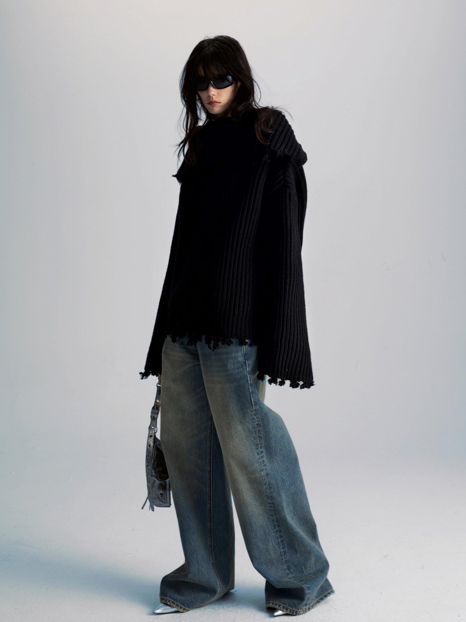 commonce net Two Way Zippered Oversized Sweater With Raw Edges