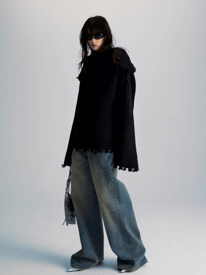 commonce net Two Way Zippered Oversized Sweater With Raw Edges