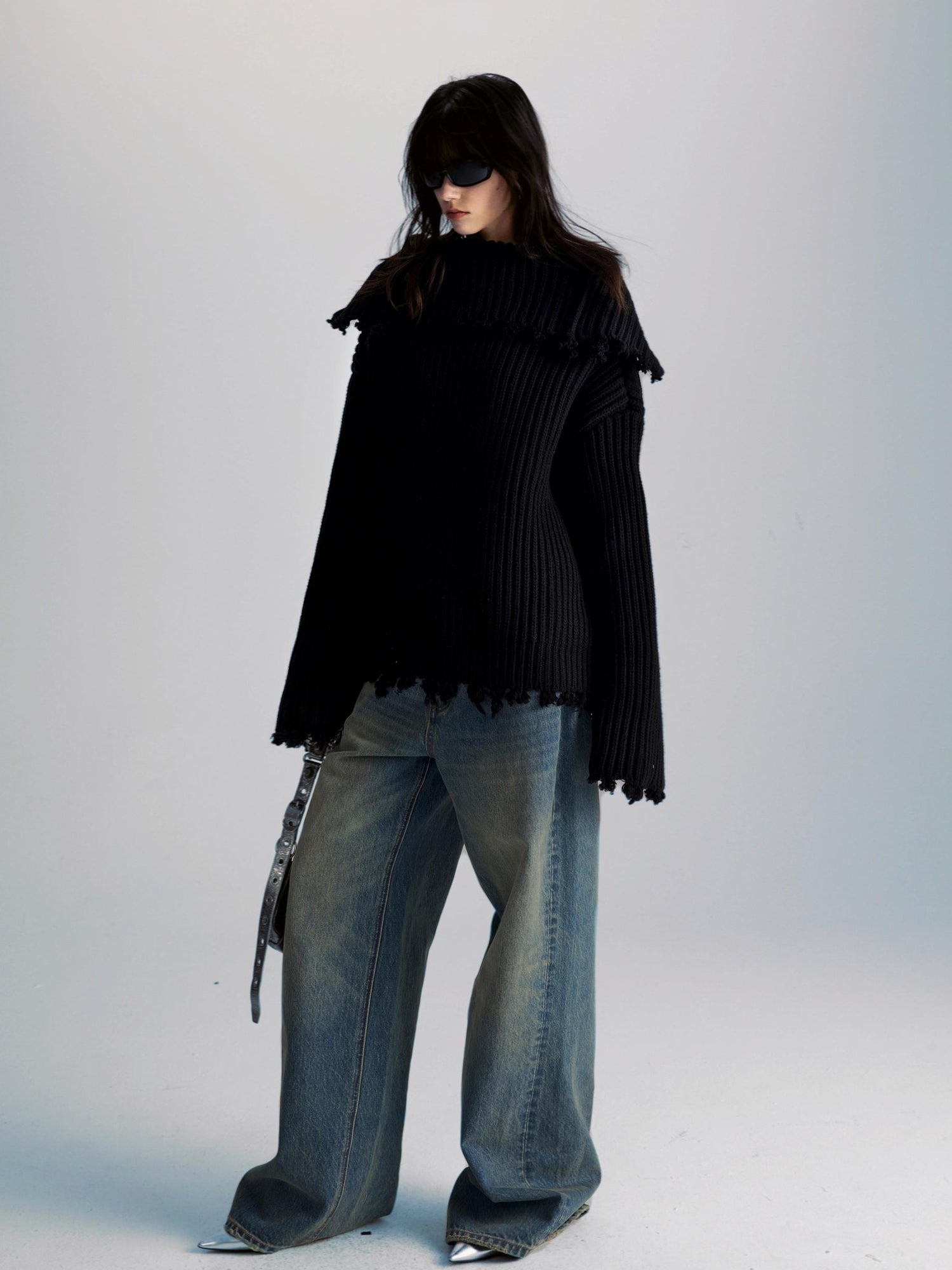 commonce net Two Way Zippered Oversized Sweater With Raw Edges