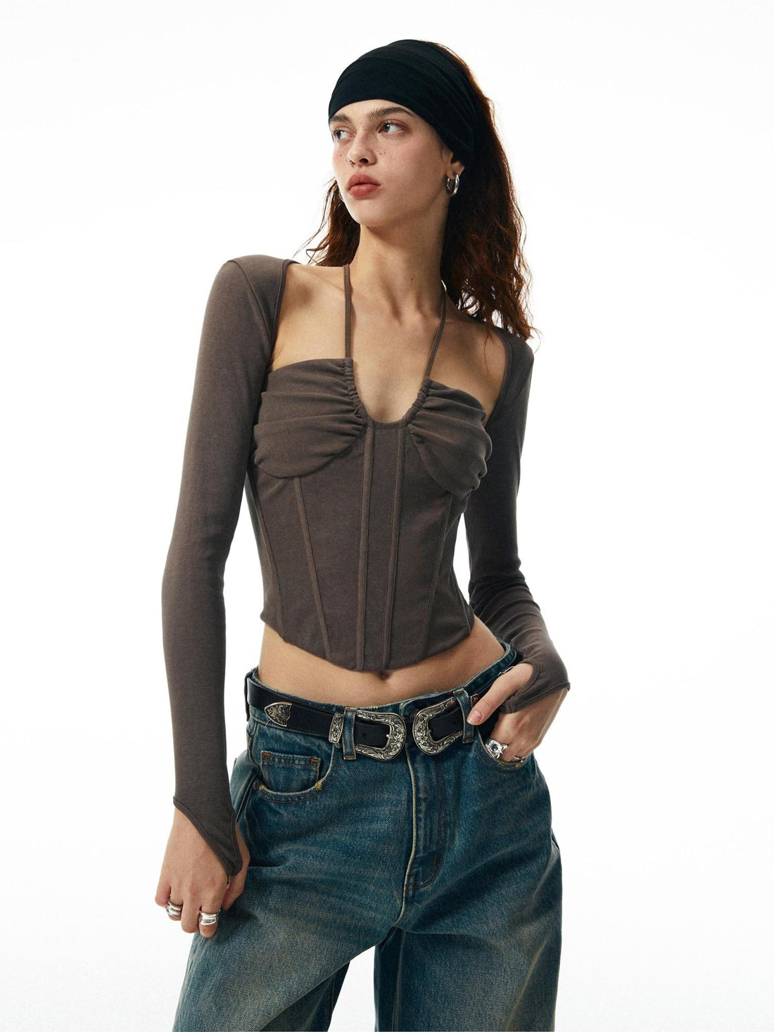 commonce net Washed Coffee Fishbone Ribbed Halter Sleeve Set