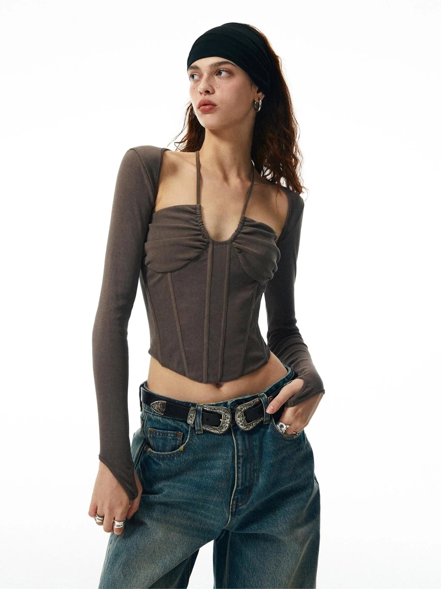Washed Coffee Fishbone Ribbed Halter Sleeve Set