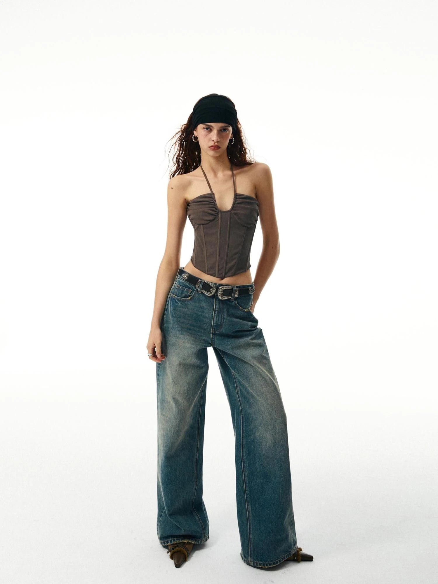 Washed Coffee Fishbone Ribbed Halter Sleeve Set