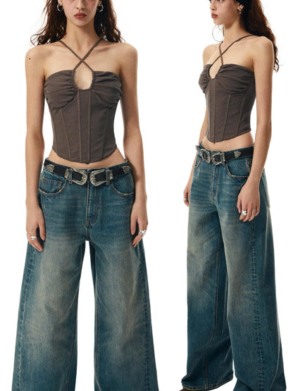 Washed Coffee Fishbone Ribbed Halter Sleeve Set