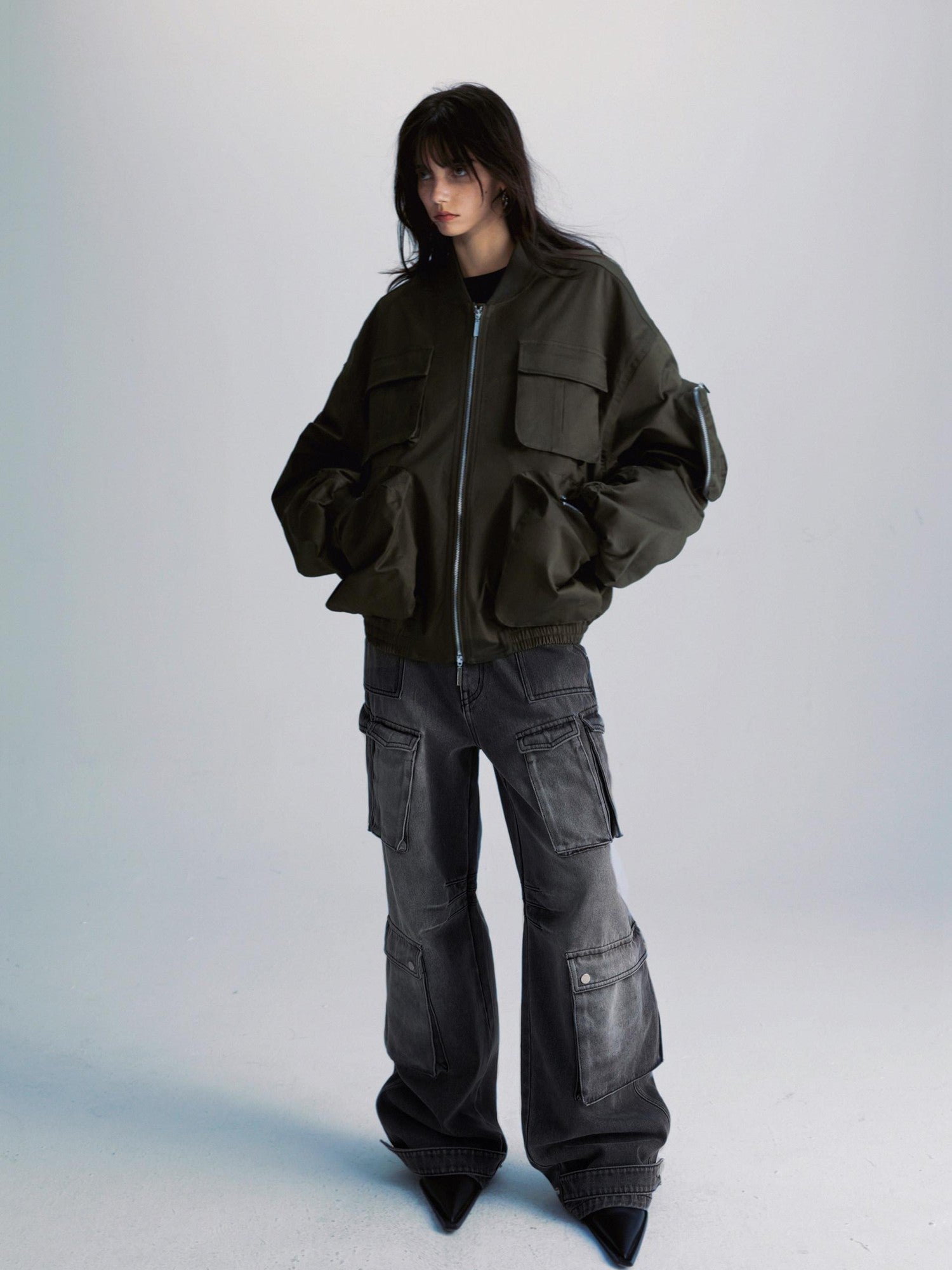 commonce net Washed Dark Gray Distressed Multi Pocket Women&