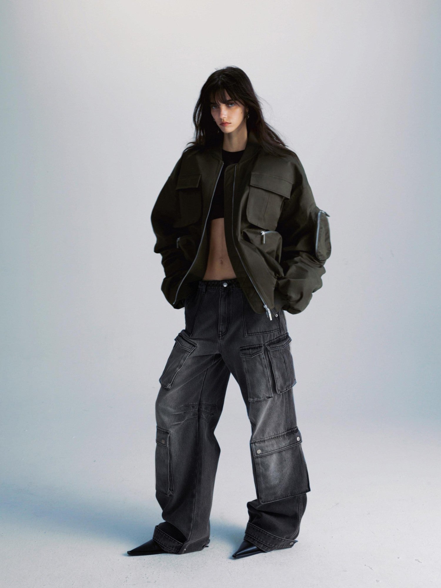 commonce net Washed Dark Gray Distressed Multi Pocket Women&