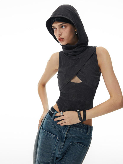 commonce net Washed Grey Hollowed Hooded Bodysuit