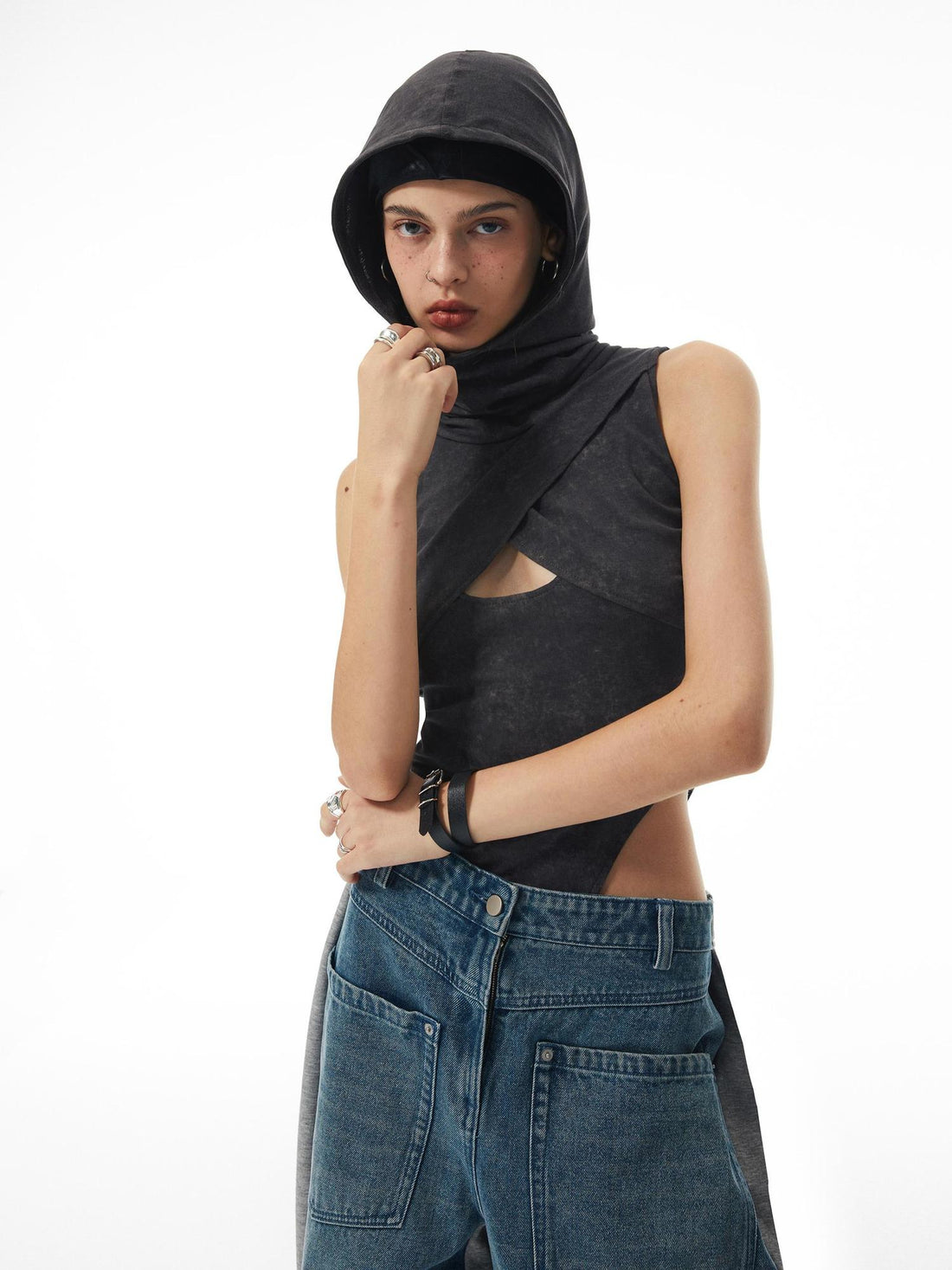 commonce net Washed Grey Hollowed Hooded Bodysuit