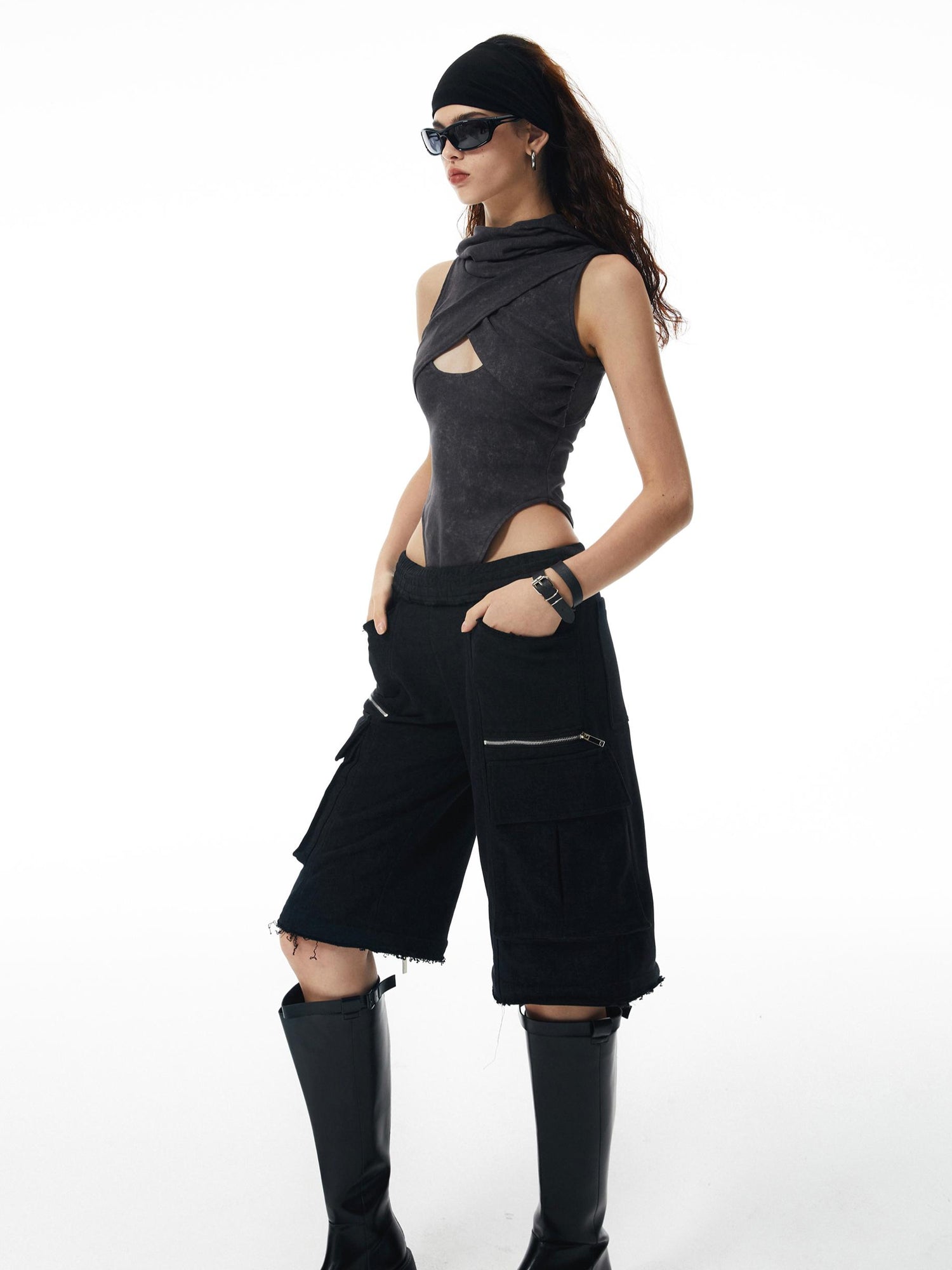 commonce net Washed Grey Hollowed Hooded Bodysuit