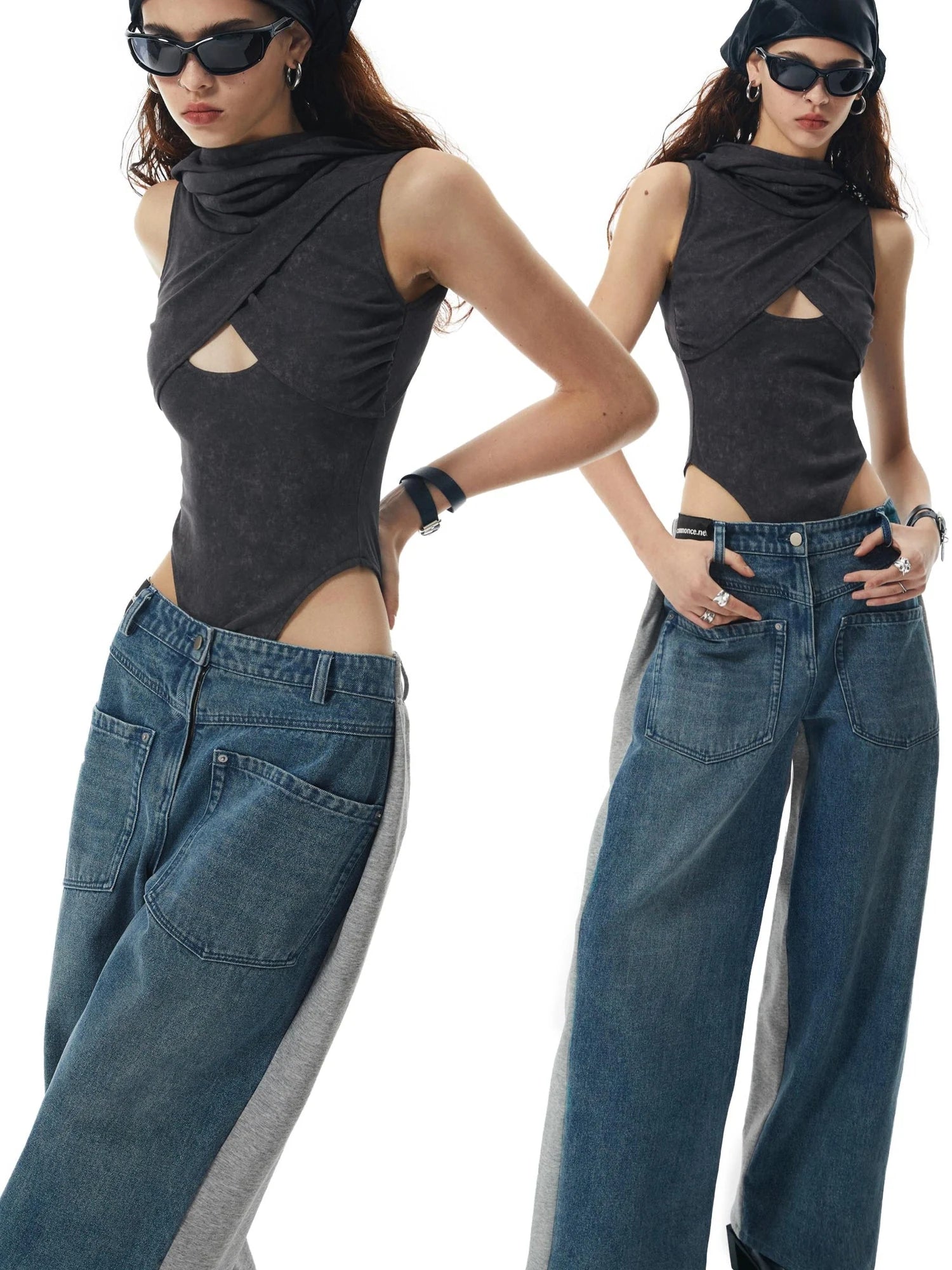 Washed Grey Hollowed Hooded Bodysuit