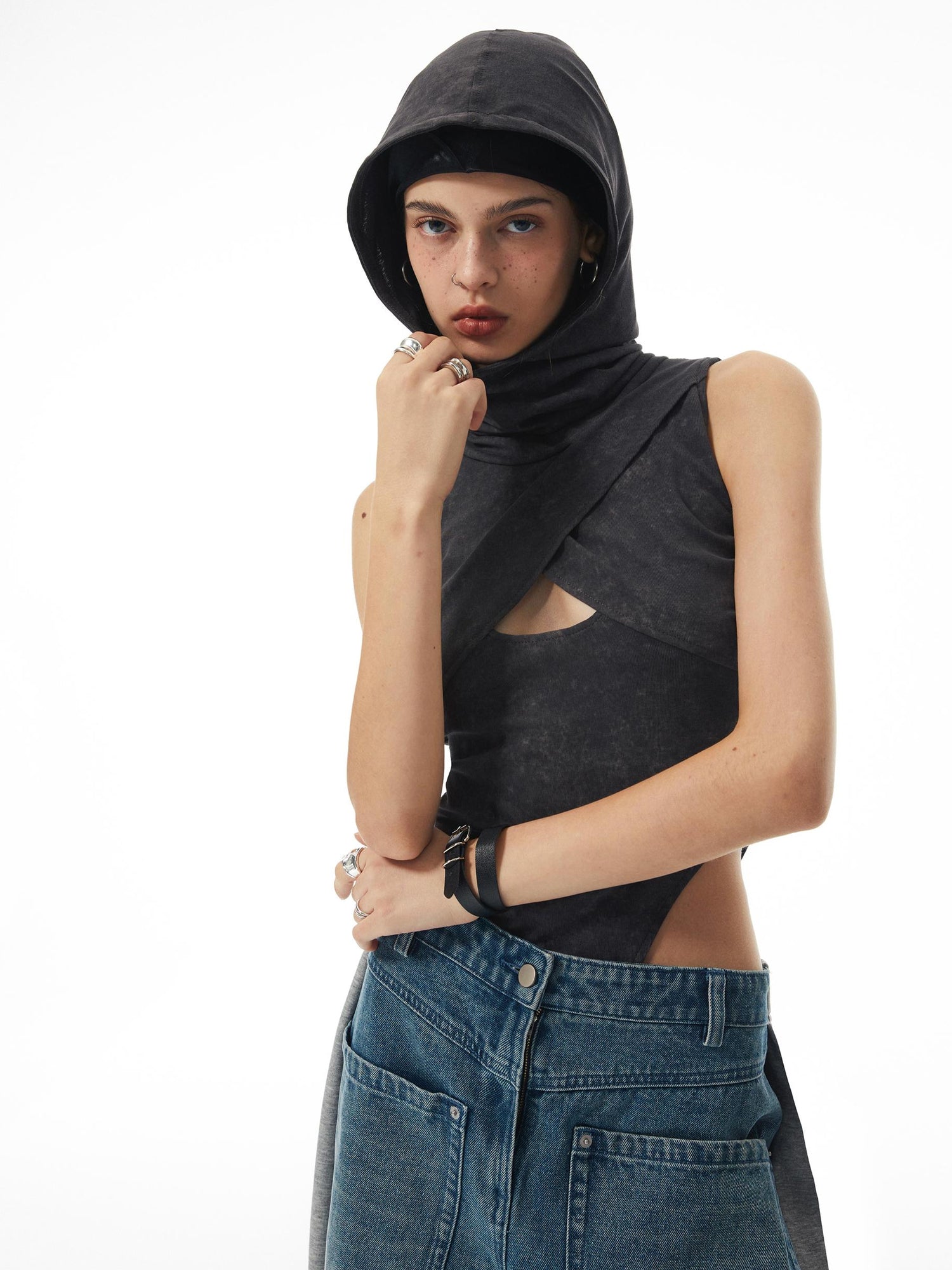commonce net Washed Grey Hollowed Hooded Bodysuit