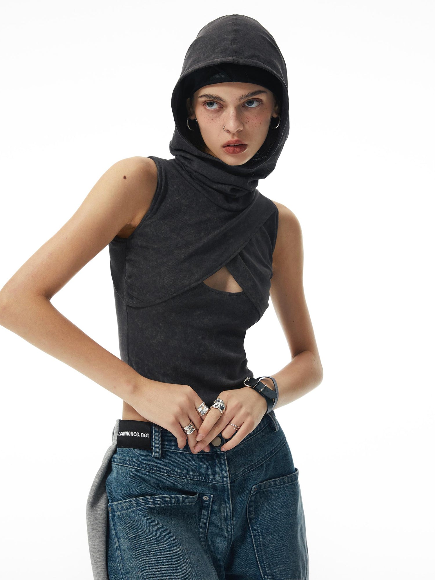 commonce net Washed Grey Hollowed Hooded Bodysuit