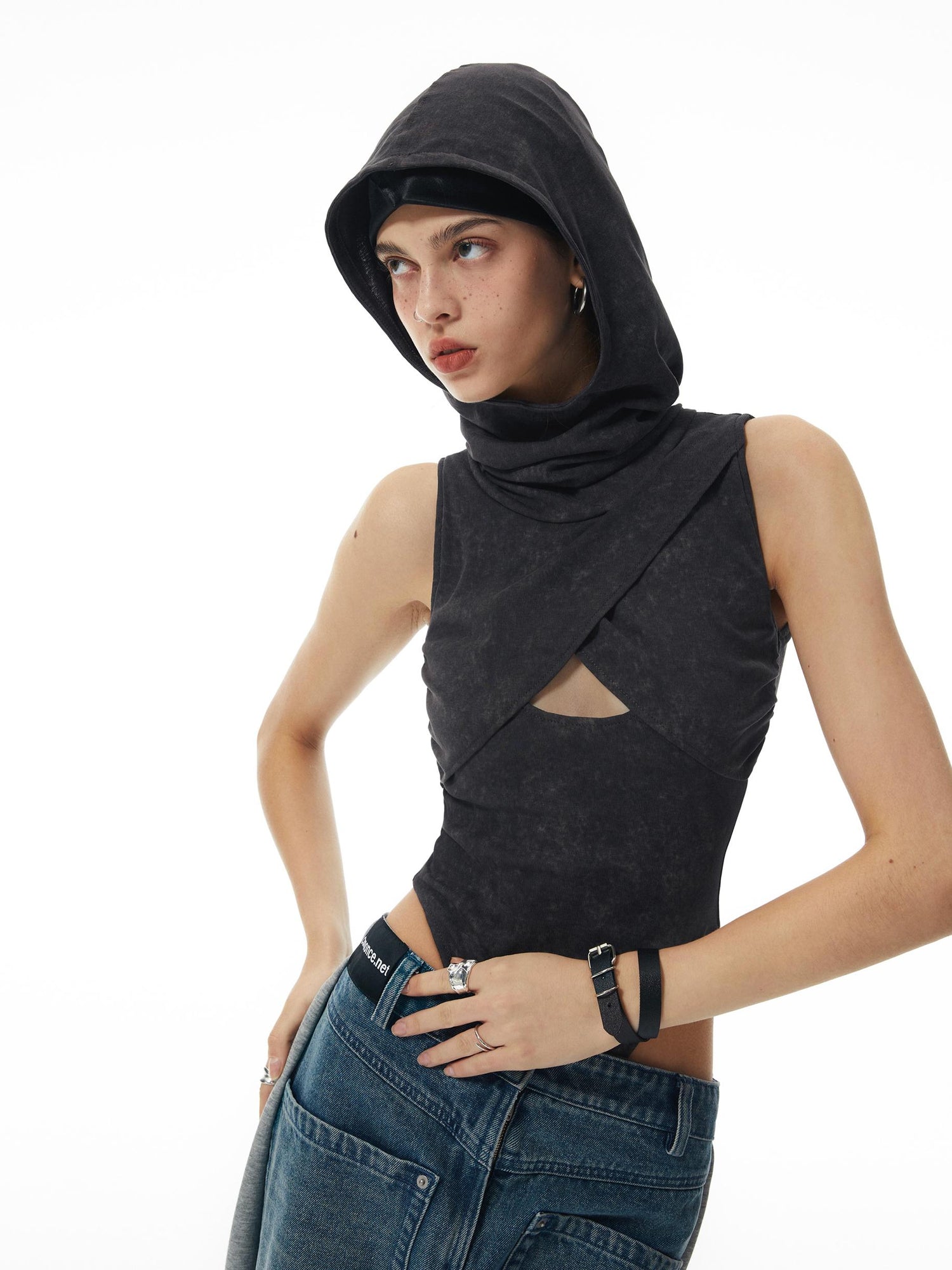 commonce net Washed Grey Hollowed Hooded Bodysuit