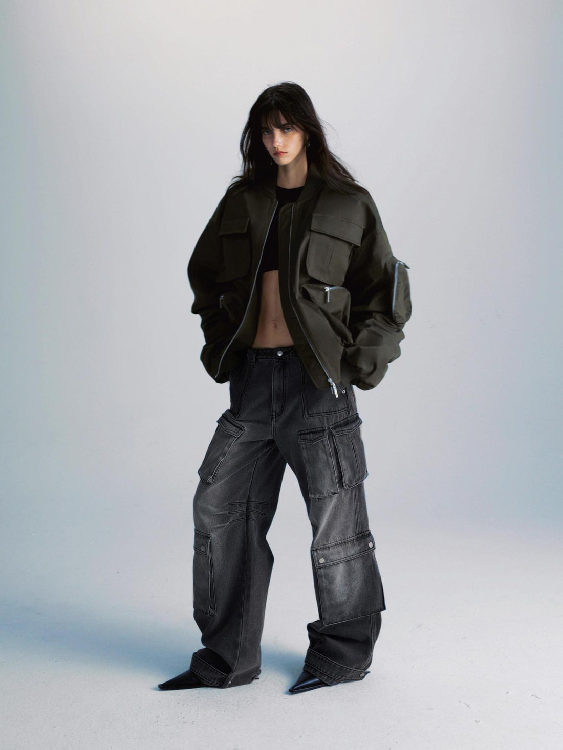 commonce net Washed Grey Multi Pocket Denim Jeans With Adjustable Cuffs