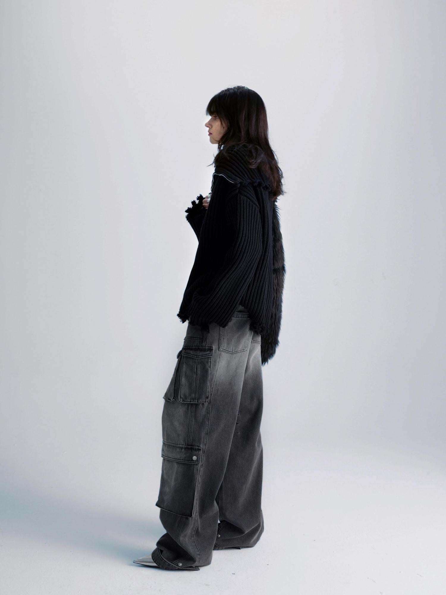 commonce net Washed Grey Multi Pocket Denim Jeans With Adjustable Cuffs