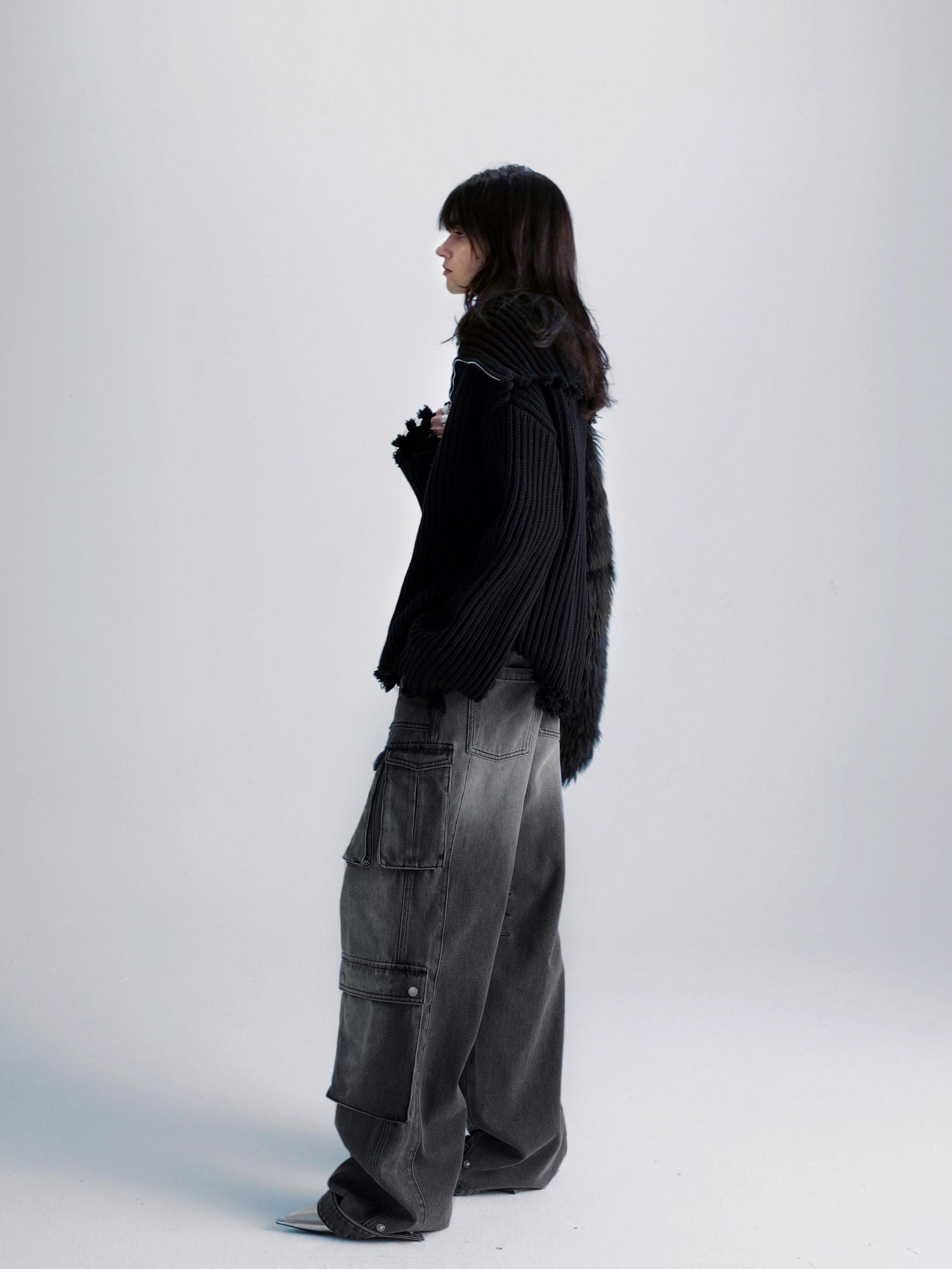 commonce net Washed Grey Multi Pocket Denim Jeans With Adjustable Cuffs
