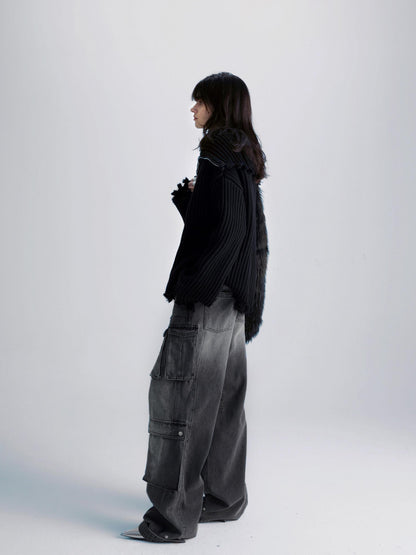 commonce net Washed Grey Multi Pocket Denim Jeans With Adjustable Cuffs